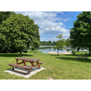 Image of park with picnic table and lake in background